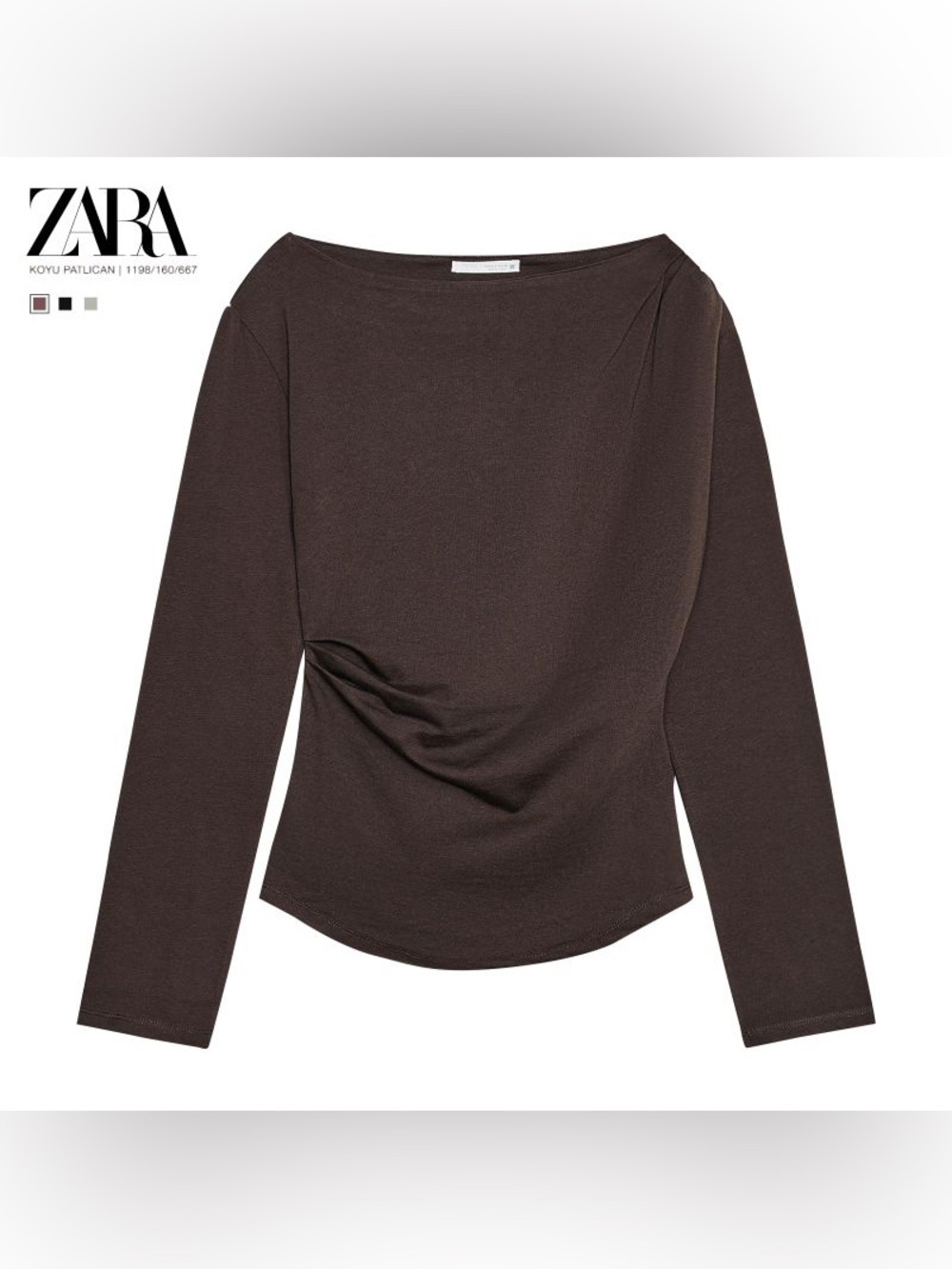 Zara NWT ruched boat neck Long Sleeve Top Dark Brown